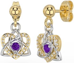 Diamond Amethyst Gold Silver Celtic Trinity Knot Heart Dangle Earrings