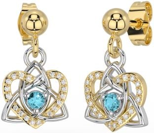 Diamond Aquamarine Gold Silver Celtic Trinity Knot Heart Dangle Earrings