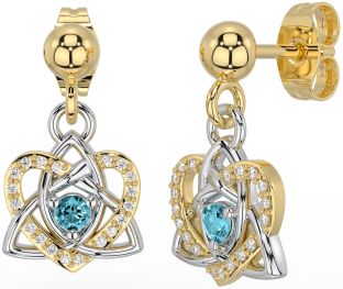 Diamond Aquamarine Gold Silver Celtic Trinity Knot Heart Dangle Earrings