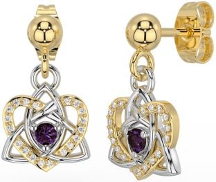 Diamond Alexandrite Gold Silver Celtic Trinity Knot Heart Dangle Earrings