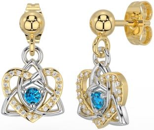 Diamond Topaz Gold Silver Celtic Trinity Knot Heart Dangle Earrings