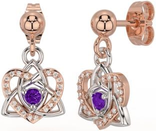 Diamond Amethyst White Rose Gold Celtic Trinity Knot Heart Dangle Earrings