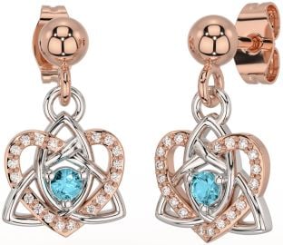 Diamond Aquamarine White Rose Gold Celtic Trinity Knot Heart Dangle Earrings