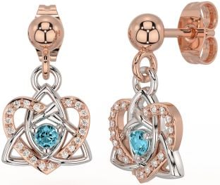 Diamond Aquamarine White Rose Gold Celtic Trinity Knot Heart Dangle Earrings