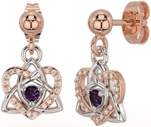 Diamond Alexandrite White Rose Gold Celtic Trinity Knot Heart Dangle Earrings