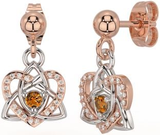 Diamond Citrine White Rose Gold Celtic Trinity Knot Heart Dangle Earrings