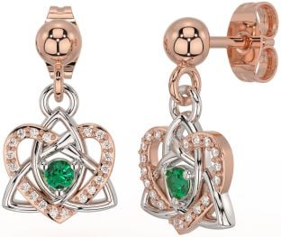 Diamond Emerald White Rose Gold Celtic Trinity Knot Heart Dangle Earrings