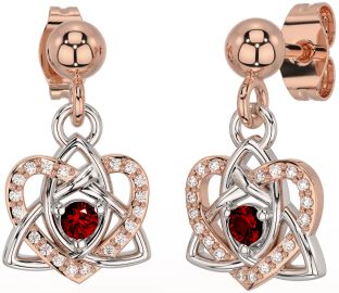 Diamond Garnet White Rose Gold Celtic Trinity Knot Heart Dangle Earrings
