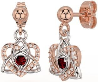 Diamond Garnet White Rose Gold Celtic Trinity Knot Heart Dangle Earrings