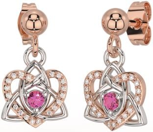 Diamond Pink Tourmaline White Rose Gold Celtic Trinity Knot Heart Dangle Earrings