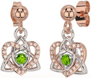 Diamond Peridot White Rose Gold Celtic Trinity Knot Heart Dangle Earrings