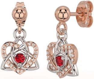 Diamond Ruby White Rose Gold Celtic Trinity Knot Heart Dangle Earrings