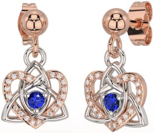 Diamond Sapphire White Rose Gold Celtic Trinity Knot Heart Dangle Earrings
