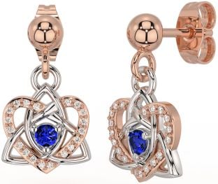 Diamond Sapphire White Rose Gold Celtic Trinity Knot Heart Dangle Earrings