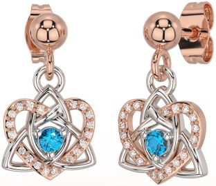 Diamond Topaz White Rose Gold Celtic Trinity Knot Heart Dangle Earrings