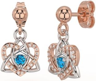 Diamond Topaz White Rose Gold Celtic Trinity Knot Heart Dangle Earrings