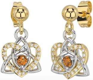 Diamond Citrine White Yellow Gold Celtic Trinity Knot Heart Dangle Earrings