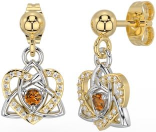Diamond Citrine White Yellow Gold Celtic Trinity Knot Heart Dangle Earrings