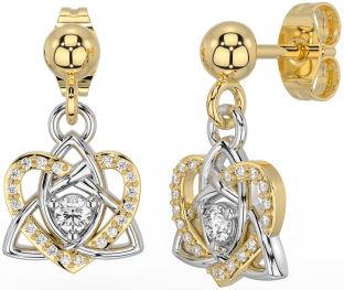 Diamond White Yellow Gold Celtic Trinity Knot Heart Dangle Earrings