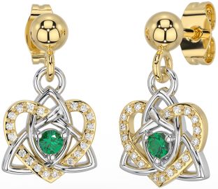 Diamond Emerald White Yellow Gold Celtic Trinity Knot Heart Dangle Earrings