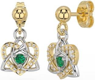 Diamond Emerald White Yellow Gold Celtic Trinity Knot Heart Dangle Earrings