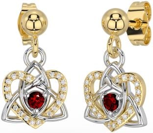 Diamond Garnet White Yellow Gold Celtic Trinity Knot Heart Dangle Earrings