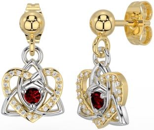 Diamond Garnet White Yellow Gold Celtic Trinity Knot Heart Dangle Earrings