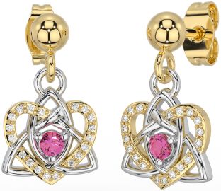 Diamond Pink Tourmaline White Yellow Gold Celtic Trinity Knot Heart Dangle Earrings
