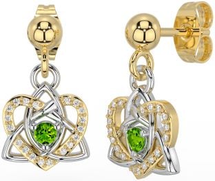 Diamond Peridot White Yellow Gold Celtic Trinity Knot Heart Dangle Earrings