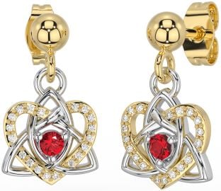 Diamond Ruby White Yellow Gold Celtic Trinity Knot Heart Dangle Earrings