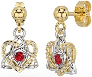 Diamond Ruby White Yellow Gold Celtic Trinity Knot Heart Dangle Earrings