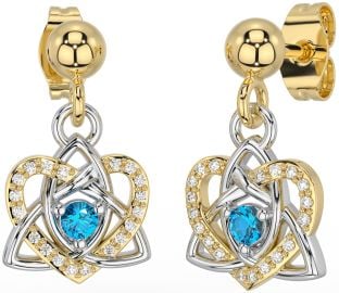 Diamond Topaz White Yellow Gold Celtic Trinity Knot Heart Dangle Earrings