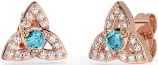 Diamond Aquamarine Rose Gold Silver Celtic Trinity Knot Stud Earrings