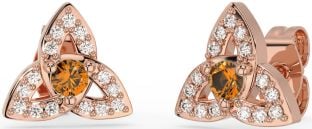 Diamond Citrine Rose Gold Silver Celtic Trinity Knot Stud Earrings