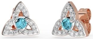 Diamond Aquamarine Rose Gold Silver Celtic Trinity Knot Stud Earrings