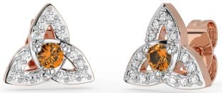 Diamond Citrine Rose Gold Silver Celtic Trinity Knot Stud Earrings