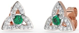 Diamond Emerald Rose Gold Silver Celtic Trinity Knot Stud Earrings