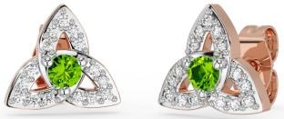 Diamond Peridot Rose Gold Silver Celtic Trinity Knot Stud Earrings