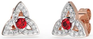 Diamond Ruby Rose Gold Silver Celtic Trinity Knot Stud Earrings