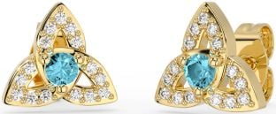 Diamond Aquamarine Gold Silver Celtic Trinity Knot Stud Earrings