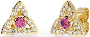 Diamond Pink Tourmaline Gold Silver Celtic Trinity Knot Stud Earrings