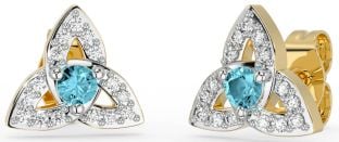 Diamond Aquamarine Gold Silver Celtic Trinity Knot Stud Earrings