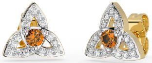 Diamond Citrine Gold Silver Celtic Trinity Knot Stud Earrings