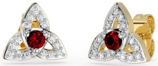 Diamond Garnet Gold Silver Celtic Trinity Knot Stud Earrings