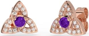 Diamond Amethyst Rose Gold Celtic Trinity Knot Stud Earrings