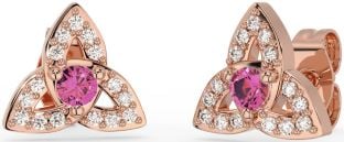 Diamond Pink Tourmaline Rose Gold Celtic Trinity Knot Stud Earrings