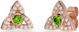 Diamond Peridot Rose Gold Celtic Trinity Knot Stud Earrings