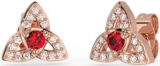 Diamond Ruby Rose Gold Celtic Trinity Knot Stud Earrings