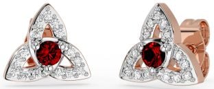 Diamond Garnet White Rose Gold Celtic Trinity Knot Stud Earrings