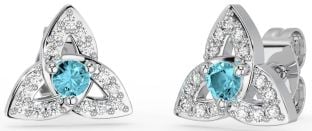 Diamond Aquamarine Silver Celtic Trinity Knot Stud Earrings